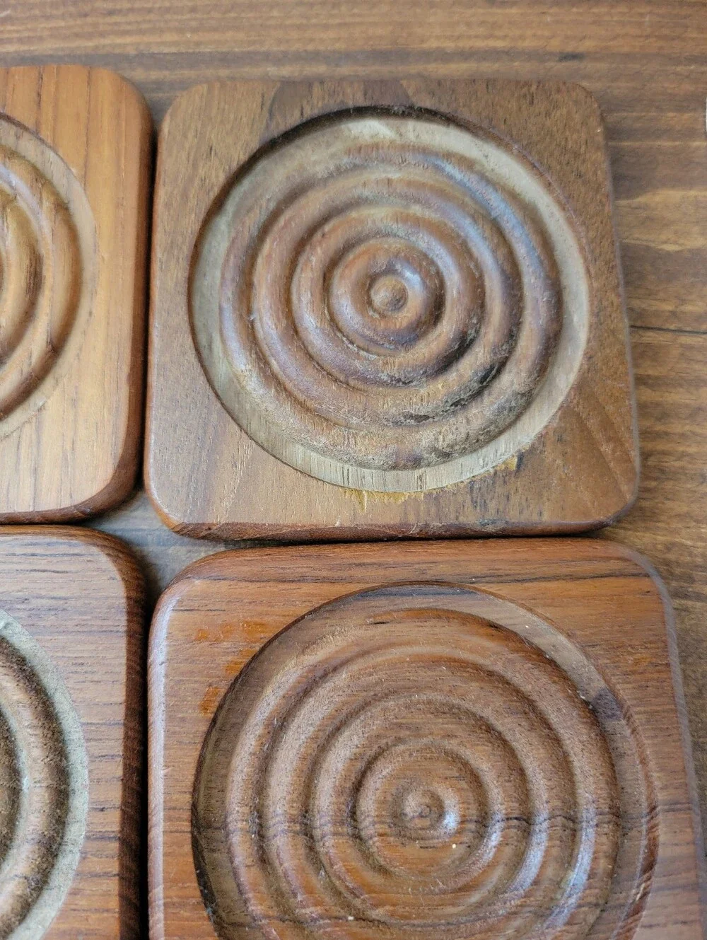 Vintage MCM Dolphin Teakwood 6 Piece Coaster Set & Caddy Mid-Century Modern